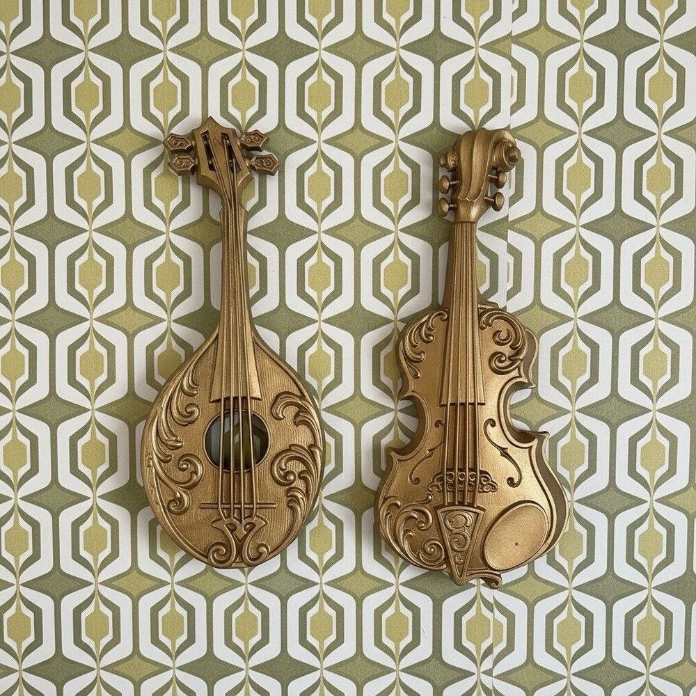 Vintage Sexton 1975 Gold Syroco Violin Mandolin Wall Plaques Set 2 Hoda Decor